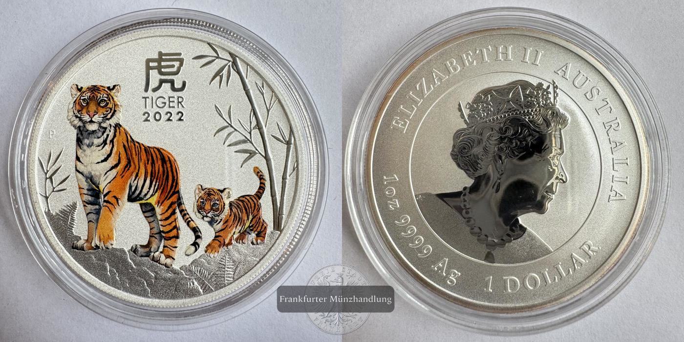  Australien / 1 Dollar (Year of the Tiger; Coloured) 2022 FM-Frankfurt KM#4362 Feinsilber: 31,1g   