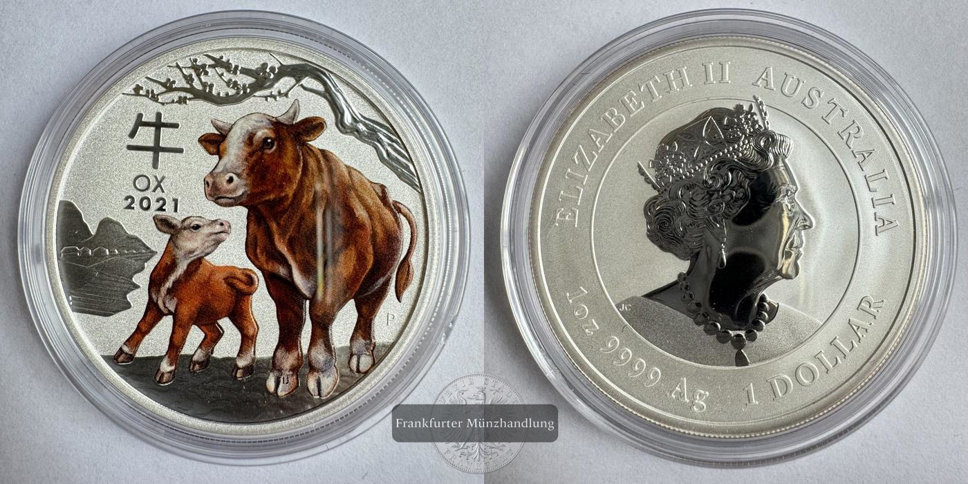  Australien / 1 Dollar 2021 Jahr des Ochsen/Ox (Coloured) FM-Frankfurt KM#4145.1 Feinsilber: 31,1g   