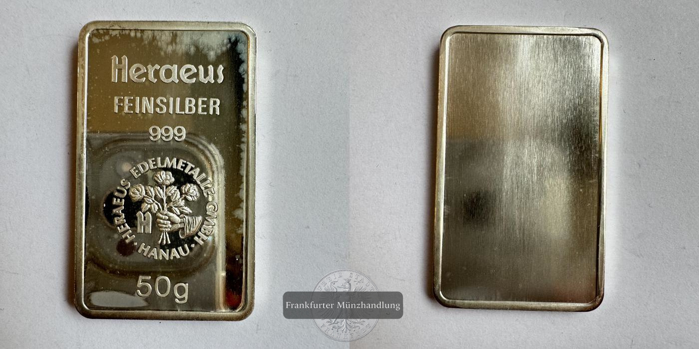  Deutschland / Silberbarren 50g Heraeus  FM-Frankfurt   Feinsilber: 50g   
