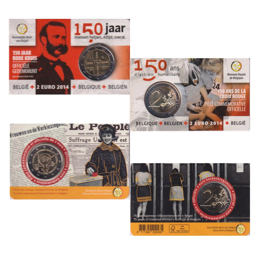  Coincard 2 x 2-€-Sondermünze Belgien *Rotes Kreuz* 2014 NL + *Frauenwahlrecht* 2023 NL   