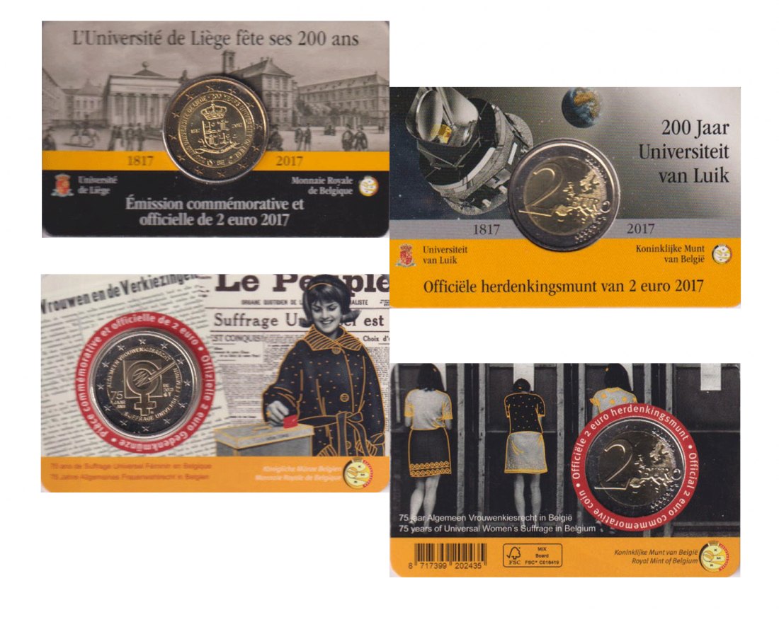  Coincard 2 x 2-€-Sondermünze Belgien *UNI Lüttich* 2017 FR + *Frauenwahlrecht* 2023 NL   
