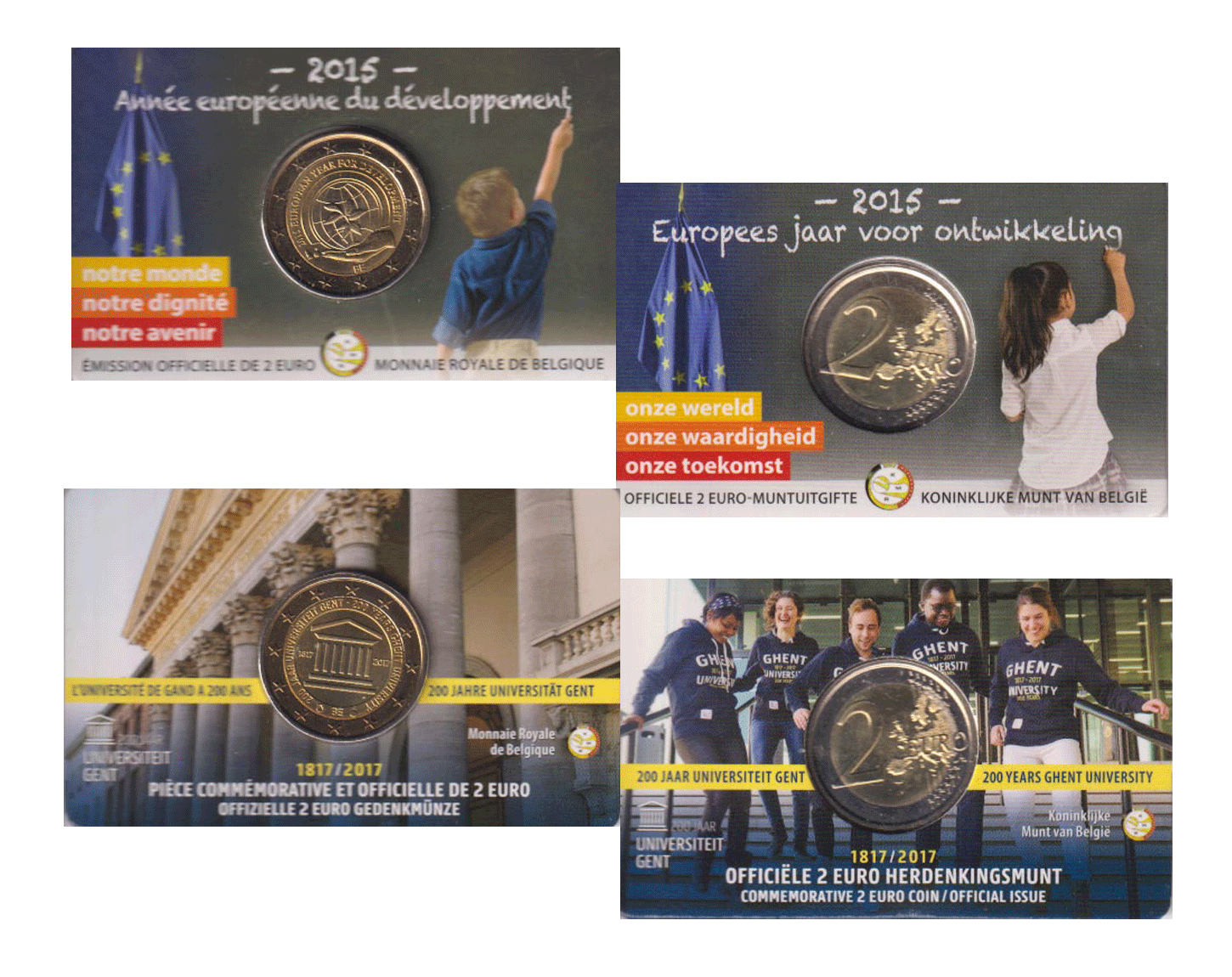  Coincard 2 x 2-€-Sondermünze Belgien *200 Jahre UNI Gent* 2017 FR + *Entwicklung* 2015 FR   
