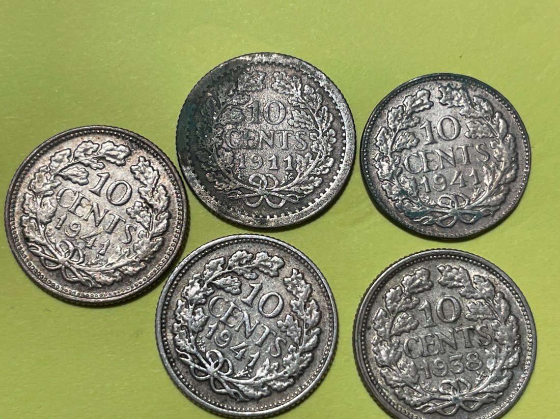  5 Mal 10cents Wilhelmina Nederland Silber Niederlande 1911,1939,1941   