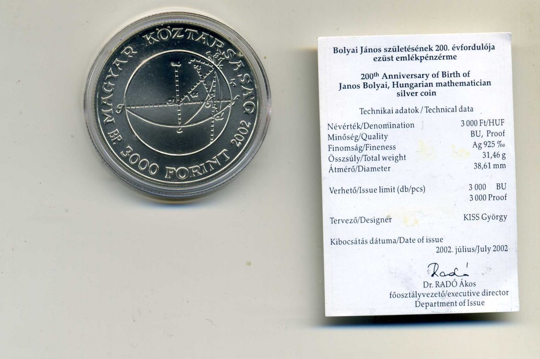  3000 Forint 2002 Janos Bolyai stgl. + Zertifikat 1 Unze Silber   