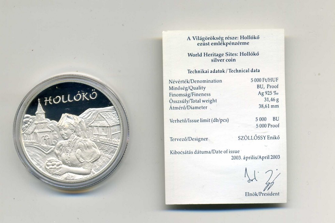  5000 Forint 2003 Höllökö stgl. + Zertifikat 1 Unze Silber   