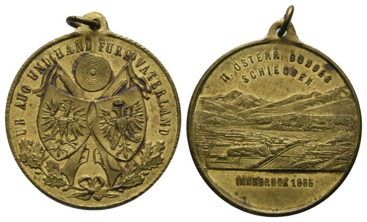  Österreich Schützenmedaille 1885, tragbar; vergoldet; 17,58 g ; Ø 33,9 mm   