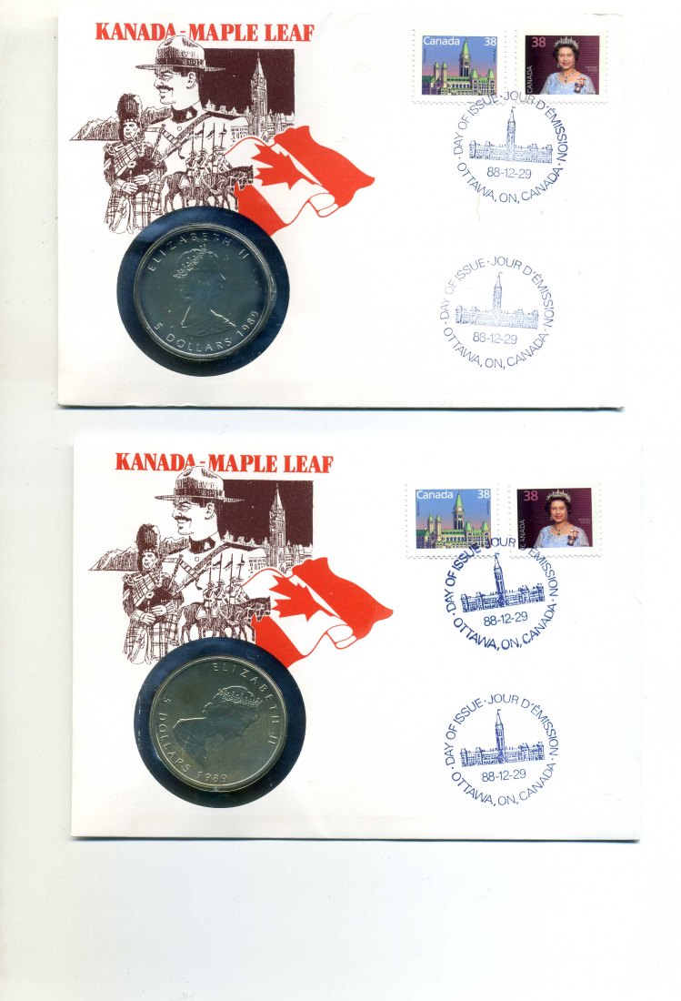  2 x 5 Dollar Maple Leaf 1989 stemeplglanz mit schöner Patina 2 Unzen Silber   