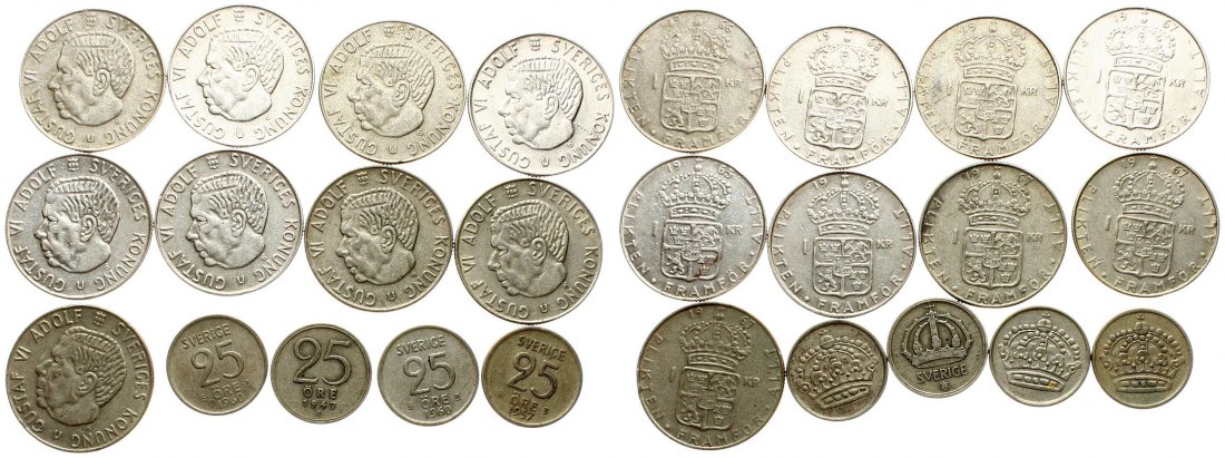  Schweden: Lot mit 13 Silbermünzen, 72,6 gr. brutto, 29 gr. Feinsilber, siehe Bilder!   