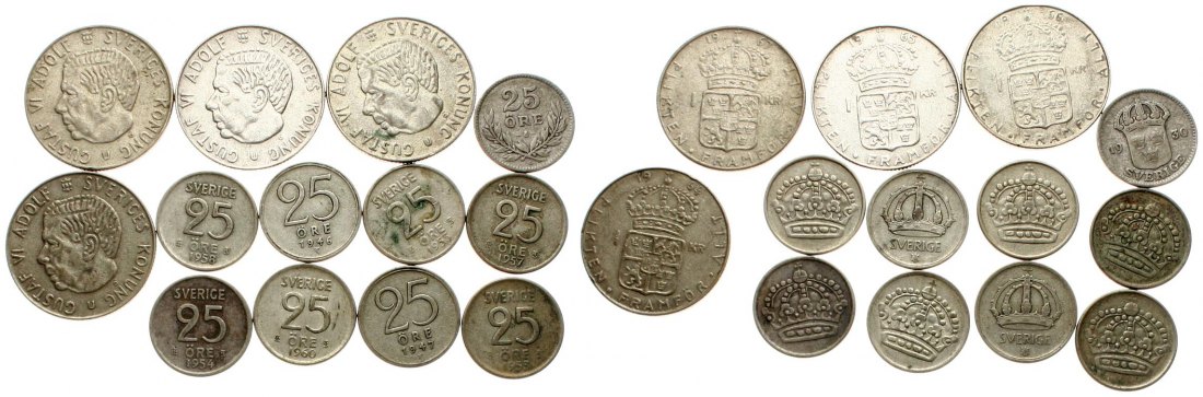  Schweden: Lot mit 13 Silbermünzen, 48,76 gr. brutto, 19,5 gr. Feinsilber, siehe Bilder!   