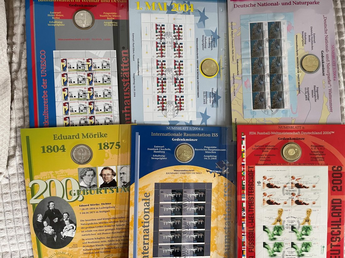 Numisblätter 6 x 10 Euro Münzen 925er Kpl. Jahrgang 2004 inkl. WM