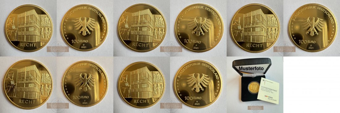 BRD 5x 100 Euro MM-Frankfurt KM# 410 Feingold: 77,75g Recht/ Justice 2021 'A,J,G,D,F' 