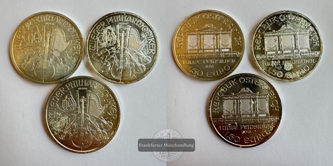  Österreich, 3x 1,50 Euro Wiener Philharmoniker 2011/12/15 FM-Frankfurt KM#3159 Feinsilber: 93 g   