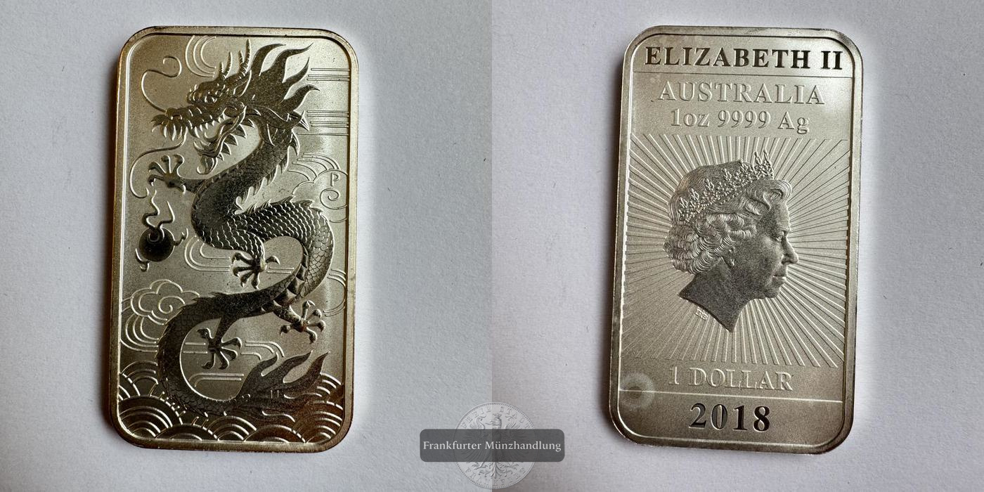  Australien 1 Dollar 2018 Chinese Dragon Bullion Barren FM-Frankfurt KM#3513 Feinsilber: 31,1g   