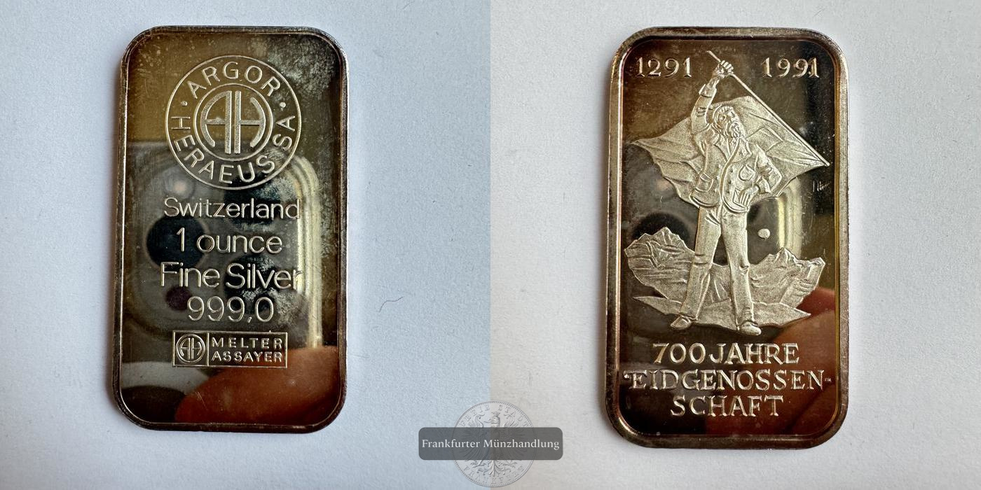  Schweiz 1oz Silberbarren (Argor Heraeus S.A.) '700 Jahre...' FM-Frankfurt Feinsilber: 31,1g   