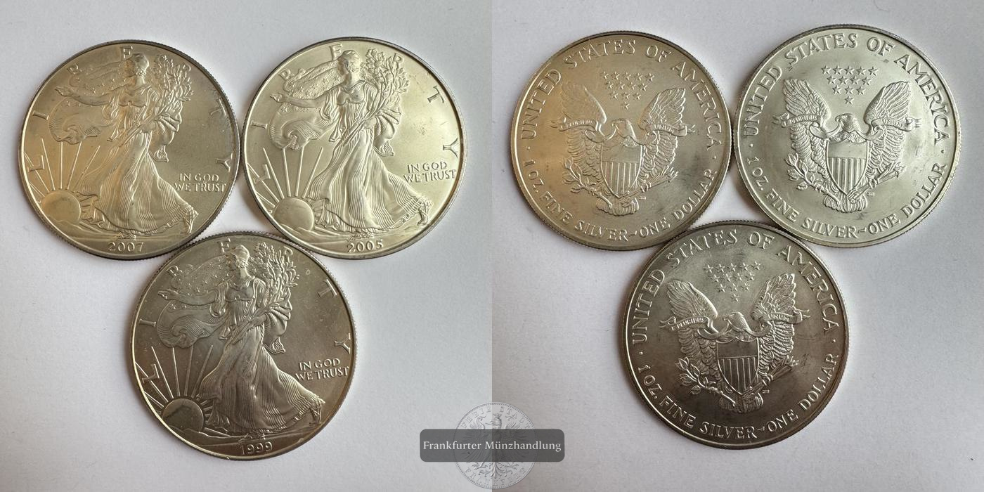  USA 3x 1 Dollar 1999/2005/07 Walking Liberty  KM#273  FM-Frankfurt Feinsilber: 93,3g   