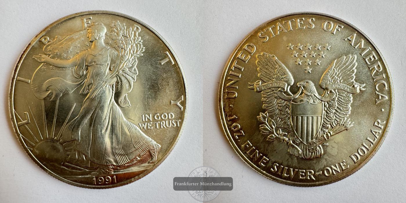  USA 1 Dollar 1991 (1986-2021) Walking Liberty FM-Frankfurt KM#273 Feinsilber: 31,1g   