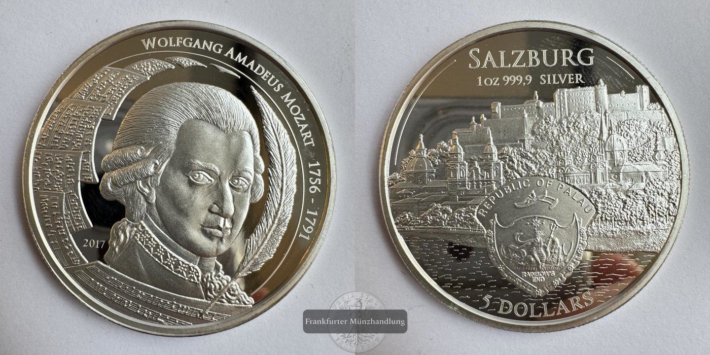  Palau 5 Dollars (Wolfgang Amadeus Mozart) 2017 FM-Frankfurt KM#553 Feinsilber: 31,3g   