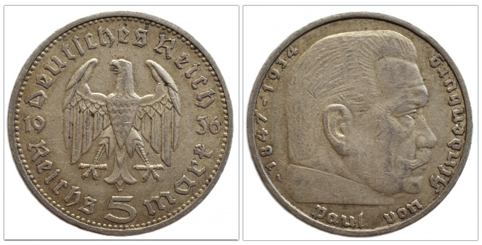  Drittes Reich, 5 Reichsmark 1936 A  Silber Münze mit Zertifikat   