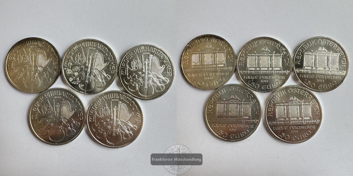  Österreich 1,50 Euro Wiener Philharmoniker 2009/12/14 5 Münzen LOT FM-Frankfurt Feinsilber: 155g   
