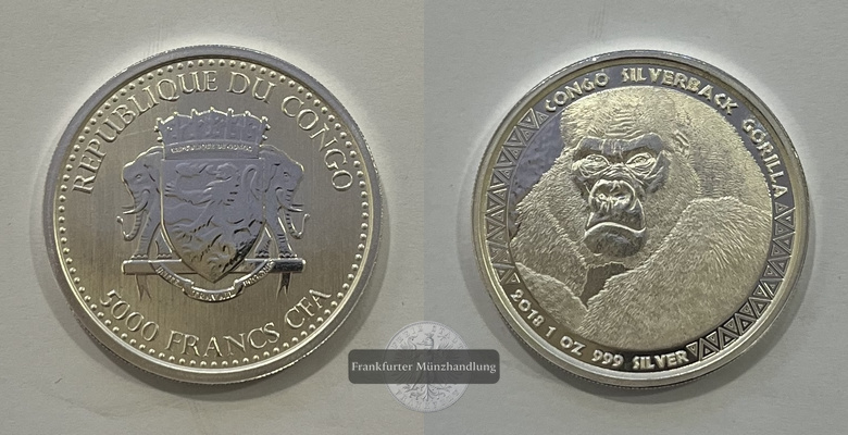  Kongo 5000 Francs CFA 2018 Gorilla FM-Frankfurt Feinsilber: 31g   
