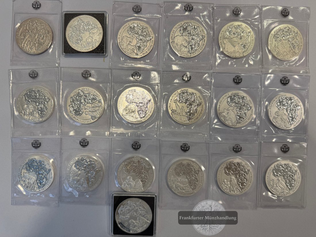  Ruanda 20x 50 Francs div. Jg. 2008-2025 Afrikanische Unze Impala Set FM-Frankfurt Feinsilber: 622g   