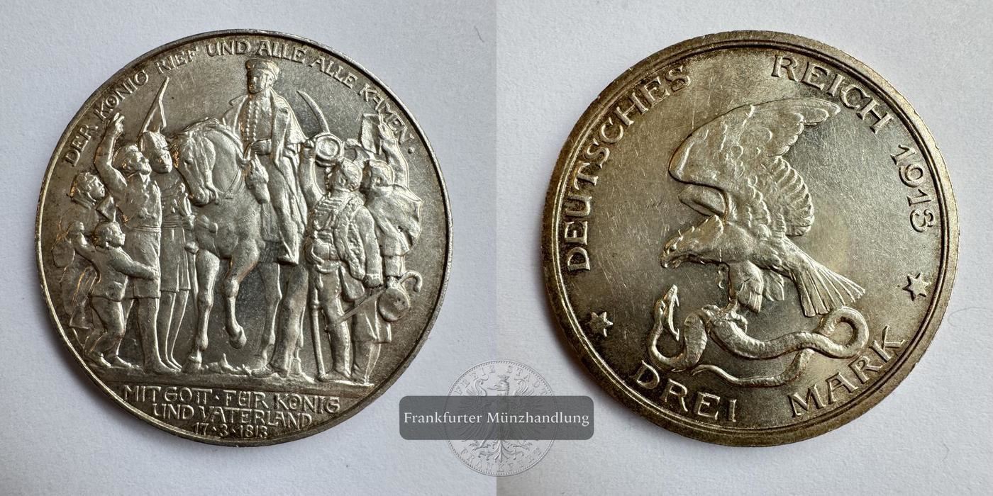  Dt. Kaiserreich Preussen, Wilhelm II. 3 Mark 1913  FM-Frankfurt KM#534 Feinsilber: 15g   