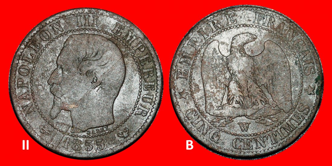  Ⰿ NAPOLEON III (1852-1870): FRANKREICH ★ 5 CENTIMES 1855W SELTEN! ENTDECKUNG MÜNZE! ★OHNE VORBEHALT!   