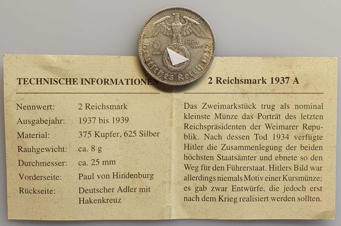  Drittes Reich 2 Reichsmark 1937 A Berlin mit Echtheits-Zertifikat Silber Münze   