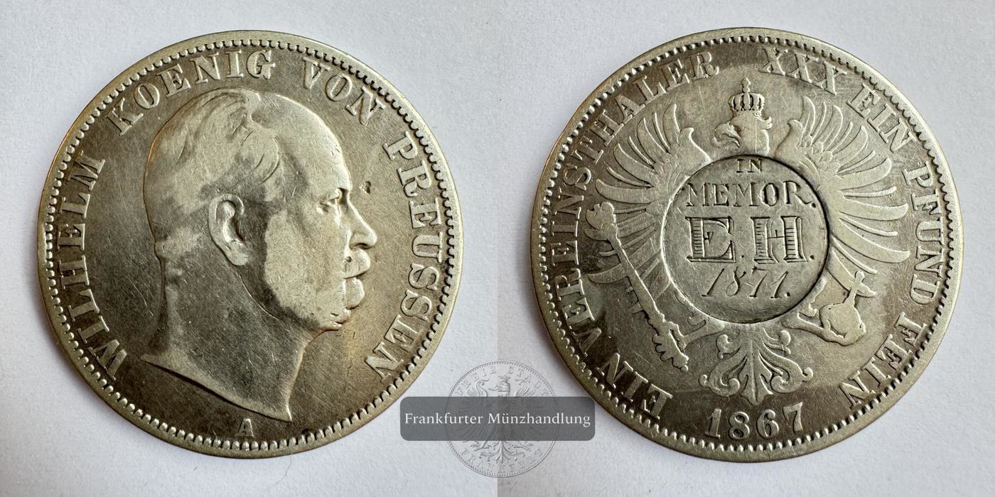  DE Preußen 1 Vereinsthaler 1867 (1857-61) William I 'A' FM-Frankfurt KM#494 Feinsilber: 15,9g   