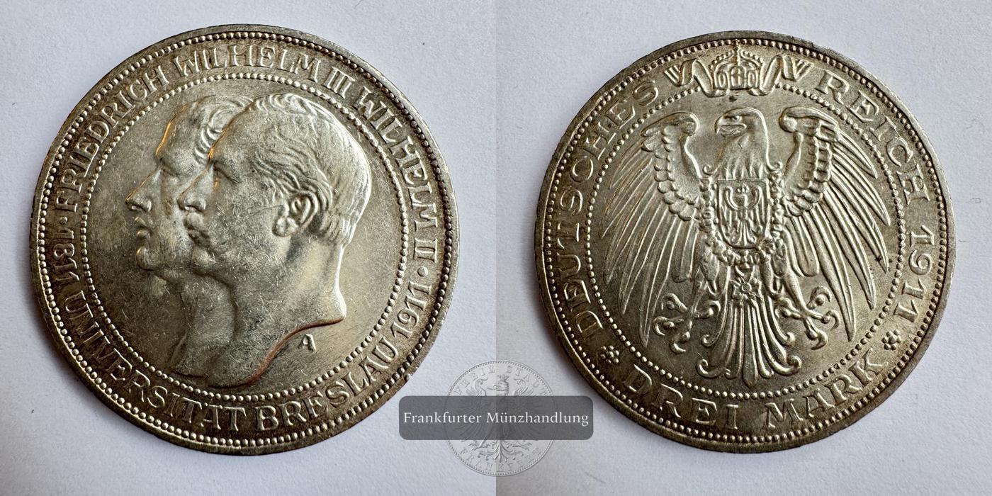  DR. Preußen 3 Mark William II (University of Wrocław) 1911.  FM-Frankfurt KM#531 Feinsilber: 15g   