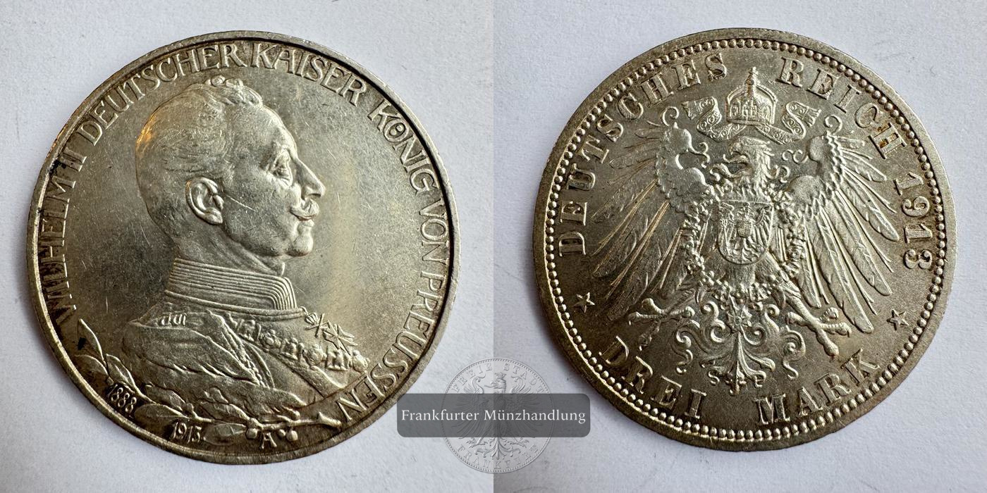  Dt. Kaiserreich. 3 Mark Wilhelm II Preußen 1913 Uniform A FM-Frankfurt KM#535 Feinsilber: 15g   
