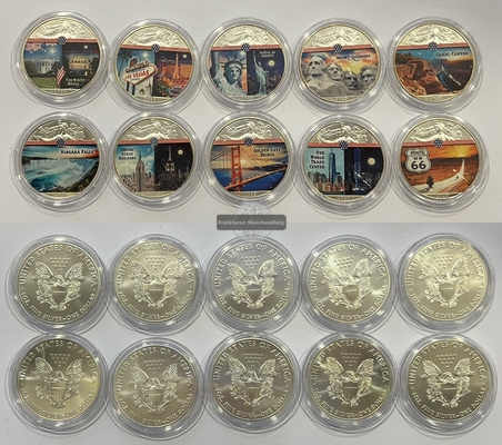 USA 10x 1 Dollar Silver Eagle 2020 & Landmarks USA Coloured FM-Frankfurt Feinsilber: 311g   