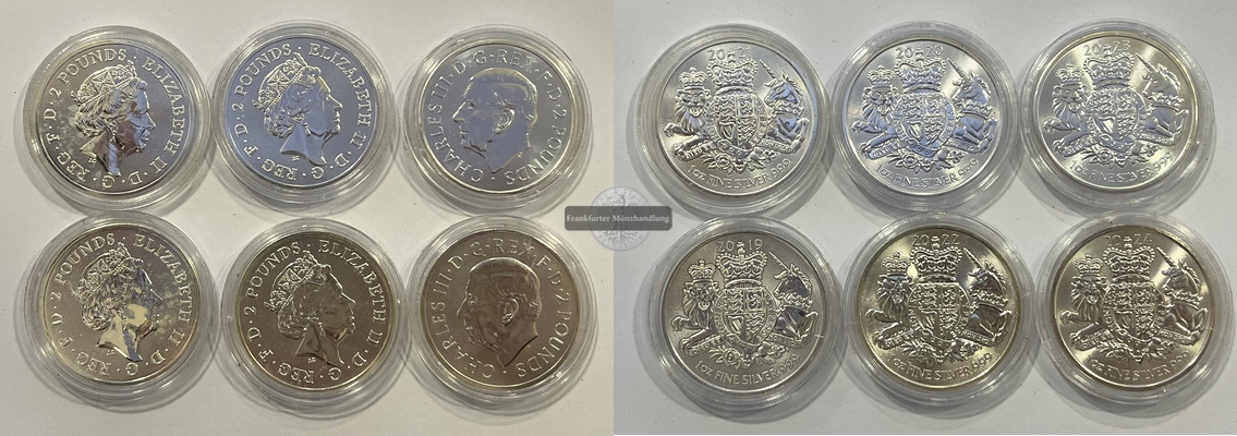  Großbritannien 6x 2 Pounds Royal Arms Elisabeth II. und Karl III. FM-Frankfurt  Feinsilber: 186g   