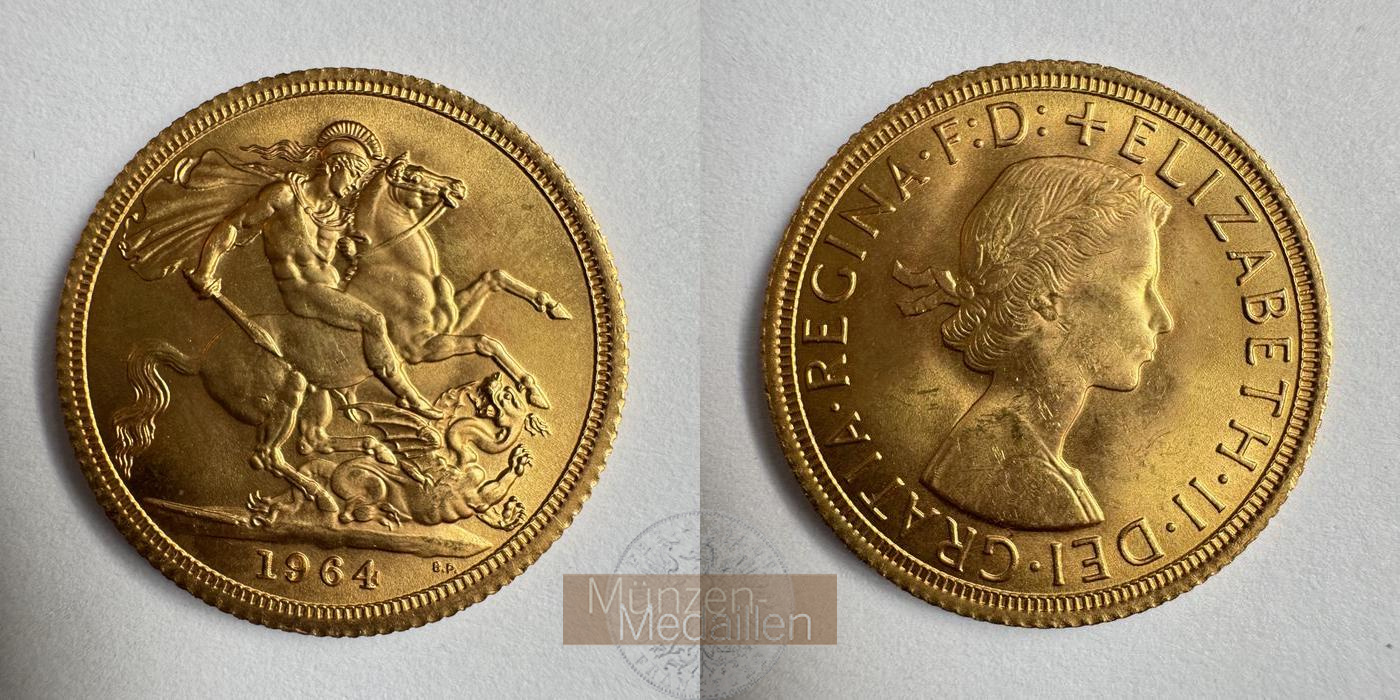 Grossbritannien, Elisabeth II MM-Frankfurt KM#908 Feingold: 7,34g 1 Sovereign 1964(1957-1968)  