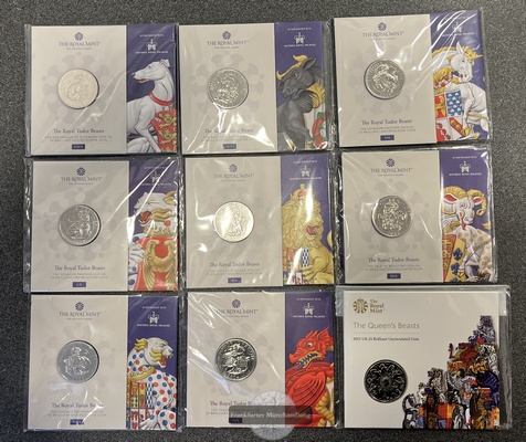  Großbritannien 8x 5 Pounds The Royal Tudor & 1x Queen's Beasts FM-Frankfurt   
