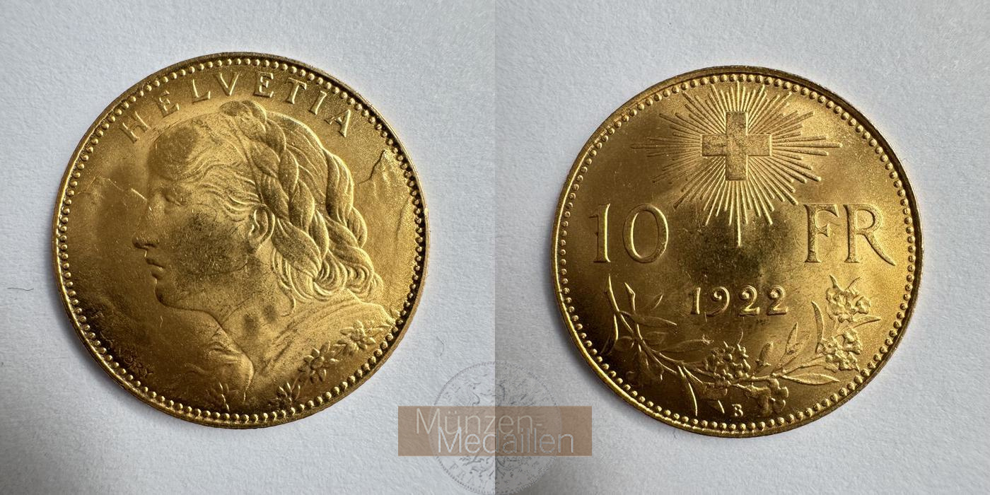  Schweiz 10 Francs 1922 (1911-22) 'B' MM-Frankfurt KM#36 Feingold: 2,9g   
