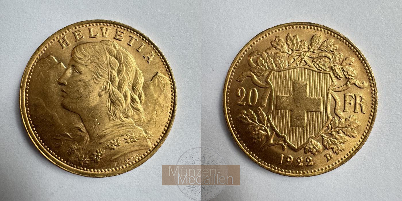 Schweiz 20 Francs Vreneli 1922 (1897-1935) MM-Frankfurt KM#35.1 Feingold: 5,805g   