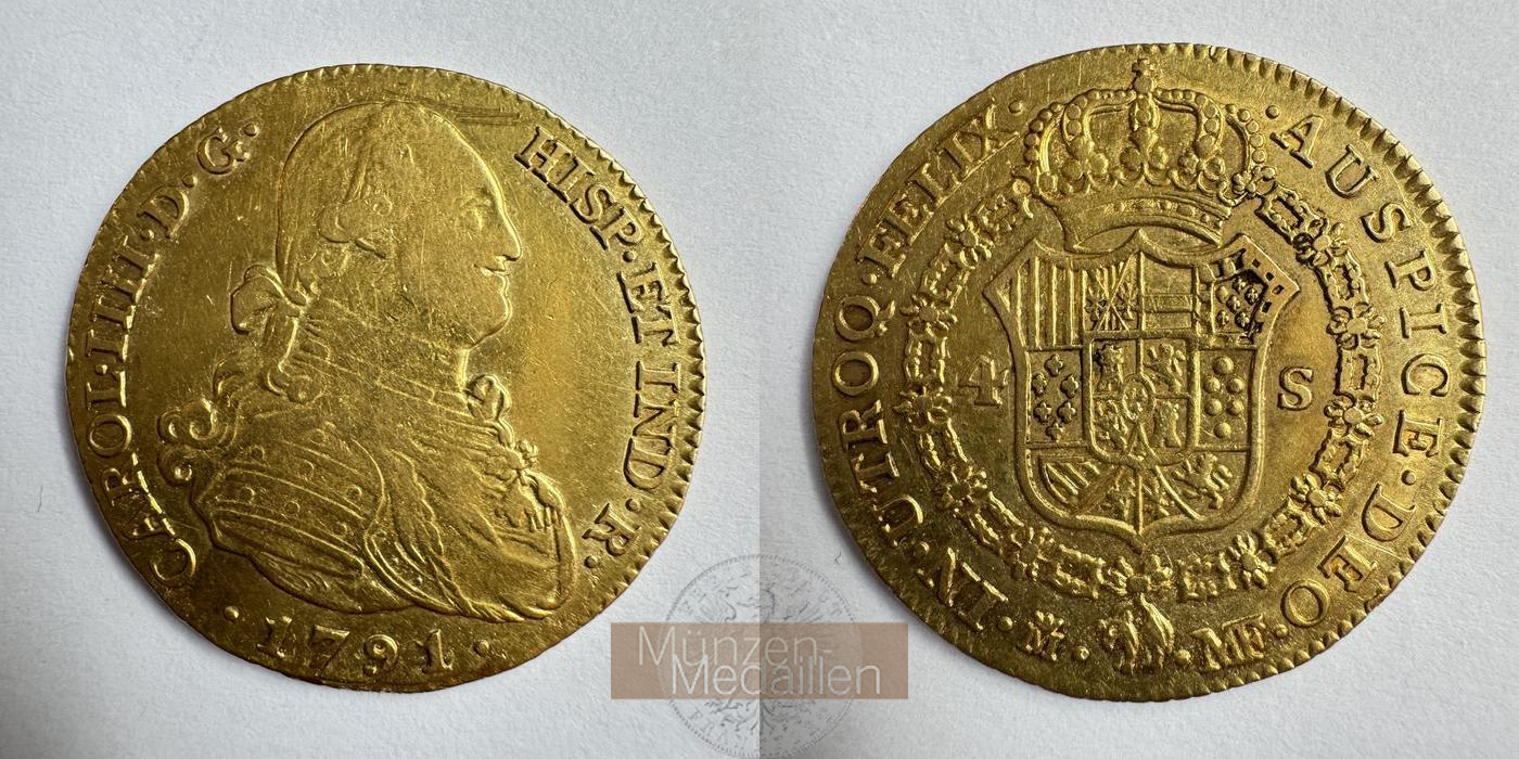  Spanien 4 Escudos Charles IV 1791 (1788-1808) MM-Frankfurt KM#436.1 Feingold: 11,62g   