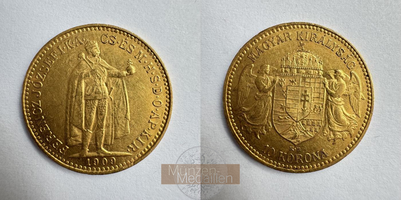Ungarn, Franz Joseph I (1848-1916) MM-Frankfurt Feingold: 3,05g 10 Korona 1909 