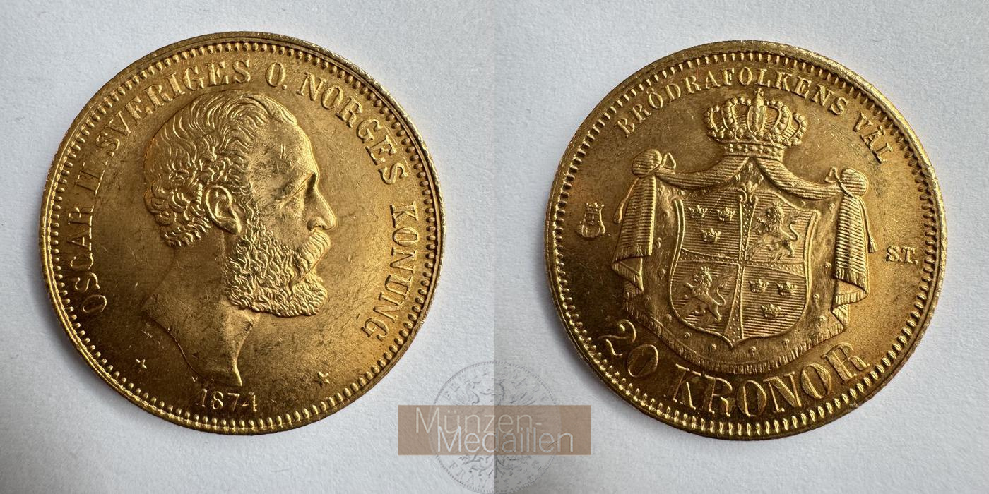 Schweden, Oscar II (1872-1907) MM-Frankfurt KM#733 Feingold: 8,06g 20 Kronen 1874 