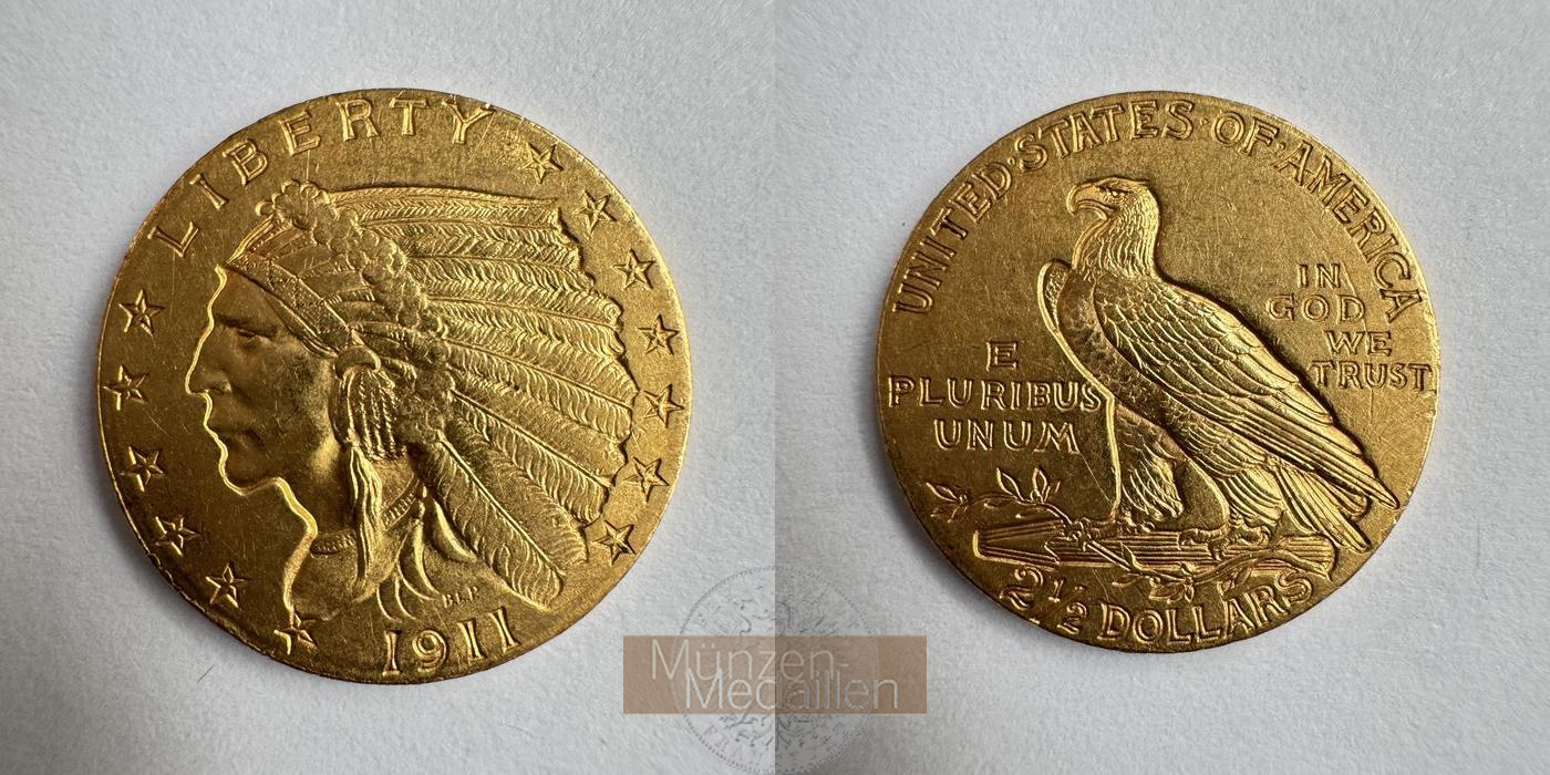 USA MM-Frankfurt Feingewicht: 3,76g Gold 2 1/2 Dollar Quarter Eagle - Indian Head 1911 (1908-29) 