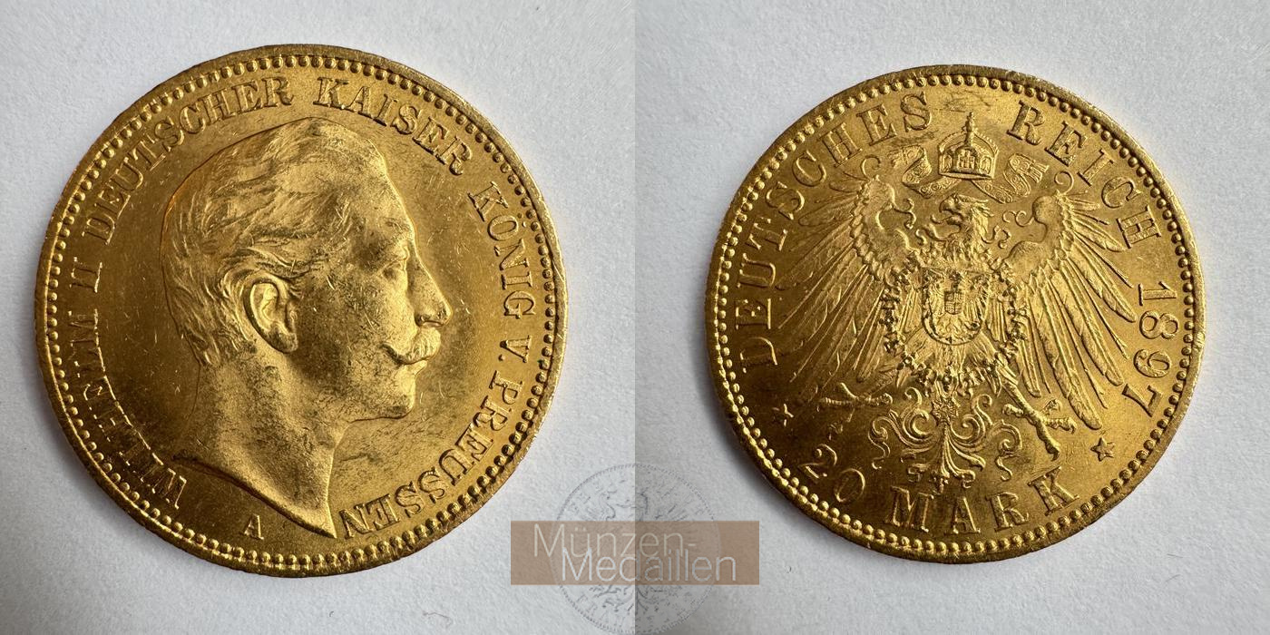  Dt. Reich Preußen 20 Mark William II 1897 (1890-1913) 'A' MM-Frankfurt KM#521 Feingold: 7,17g   