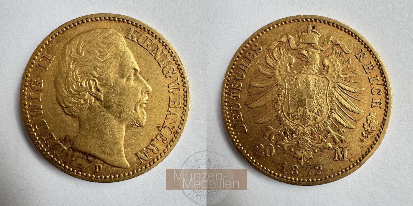 Dt. Kaiserreich, Bayern Ludwig II. MM-Frankfurt KM#894 Feingold: 7,17g 20 Mark 1872 'D' 
