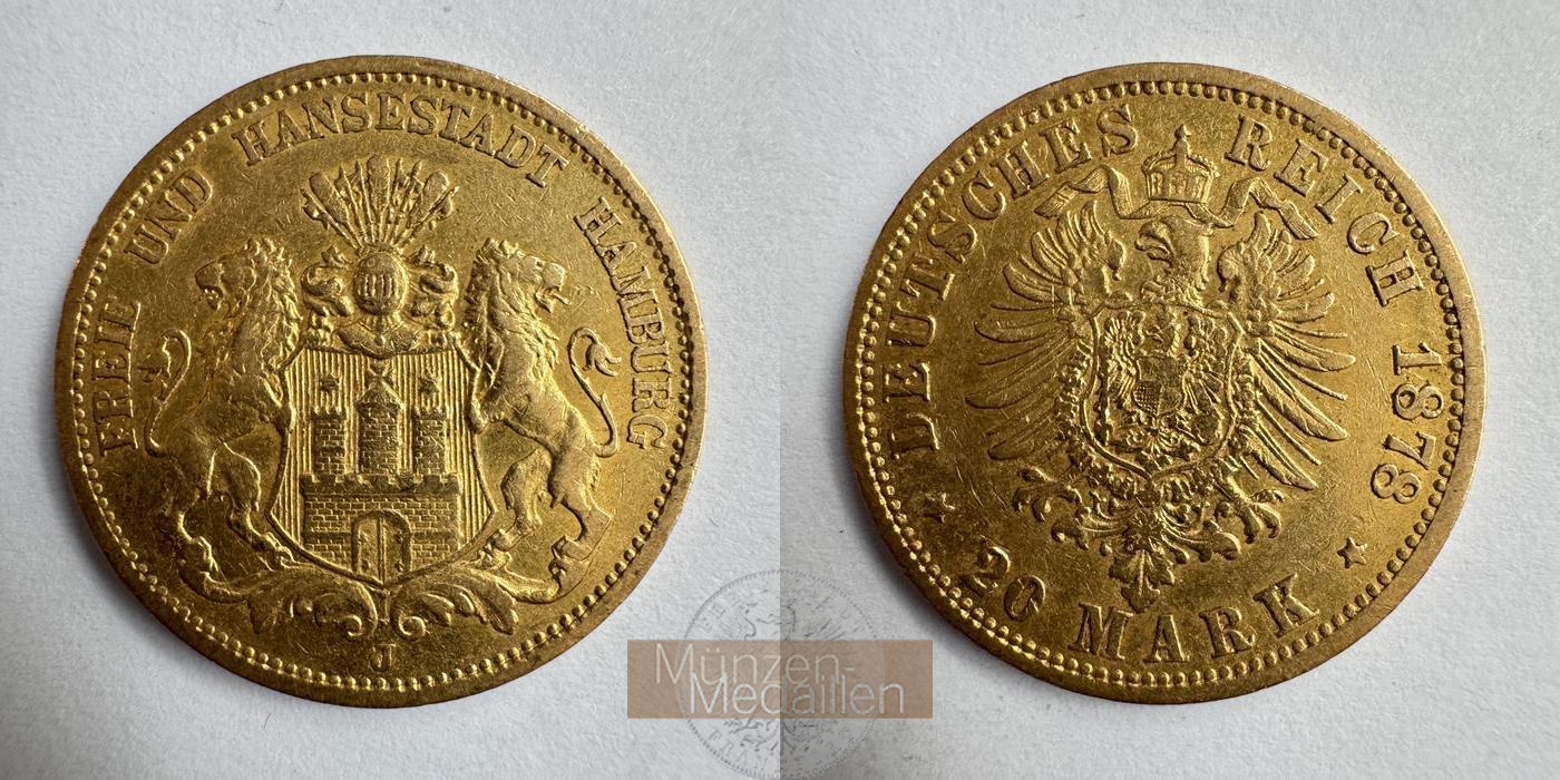 Hamburg, Kaiserreich MM-Frankfurt KM#602 Feingold: 7,17g 20 Mark (1875-1889) 1878 J 