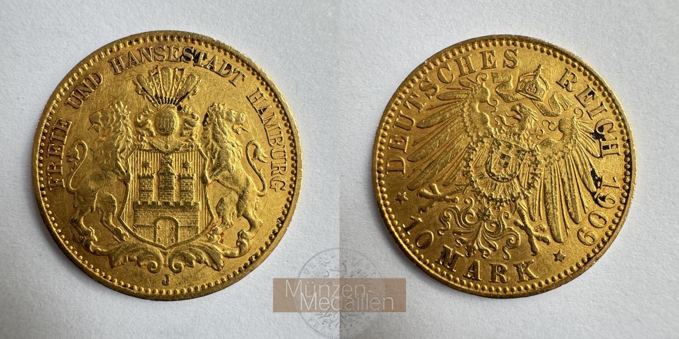 Deutsches Kaiserreich - Hamburg MM-Frankfurt KM#608 Feingold: 3,58g 10 Mark 1909 'J' 