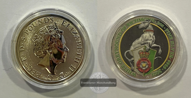  UK 2 Pounds White Greyhound of Richmond 2021 Coloured 2 Unze FM-Frankfurt Feinsilber: 62g   