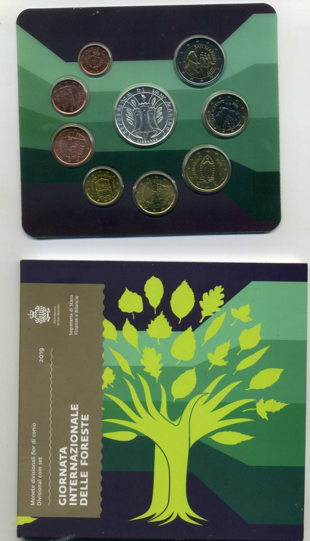  San Marino Kursmünzensatz 2019 Tag des Waldes 8,88 Euro mit 5 Euro Silbermünze   
