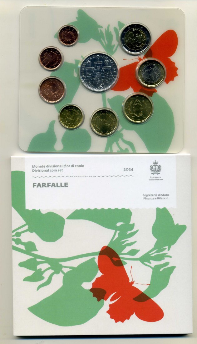  San Marino Kursmünzensatz 2024 Schmetterling 8,88 Euro mit 5 Euro Silbermünze   
