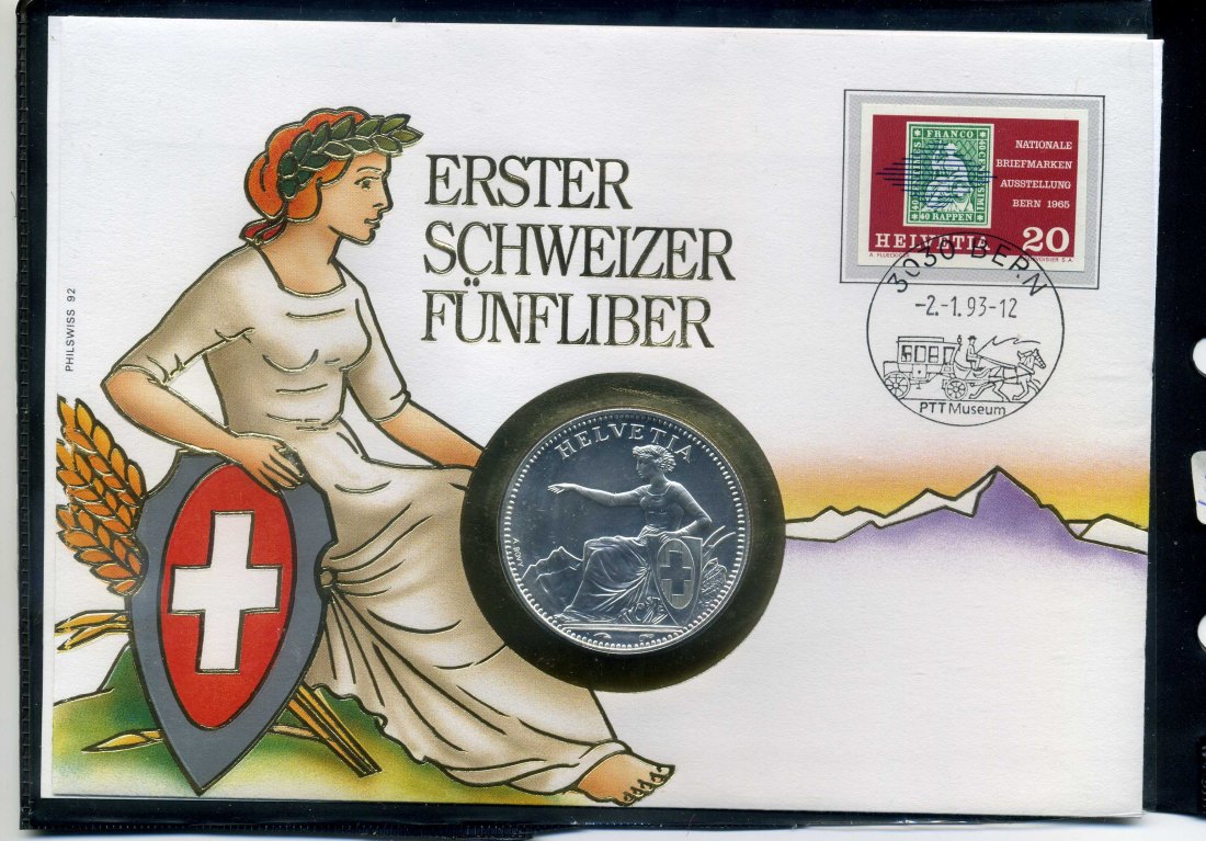  Erster Schweizer Fünflieber 1850 als 1 Unze Fein Silber Prägung   