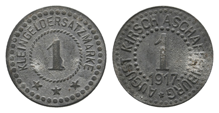  Bayern, Aschaffenburg August Kirsch 1917, Kleingeldersatzmarke, WZ: 1; Menzel 746.1   